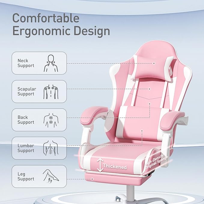 MoNiBloom Gaming Chair with Headrest &amp Lumbar Support Ergonomic Computer Racing Chair with Footrest Adjustable Hight Leather Swivel Computer Chair for Adult Teen Office or Gaming