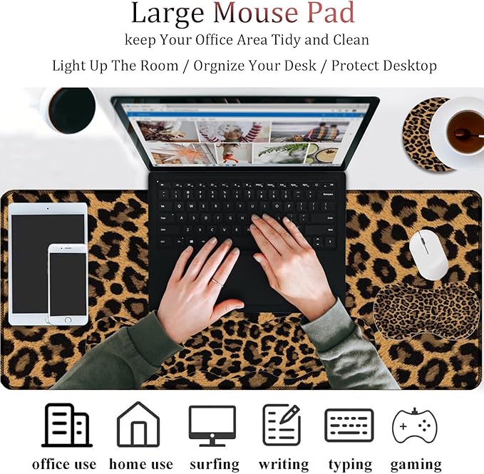 4 in 1 Mouse Pad Combo Large Gaming Mouse Pad + Keyboard Wrist Support + Mouse Wrist Rest + Coaster Table Pad with Stitched Edge Memory Foam Ergonomic Wrist Pad Set Leopard Print