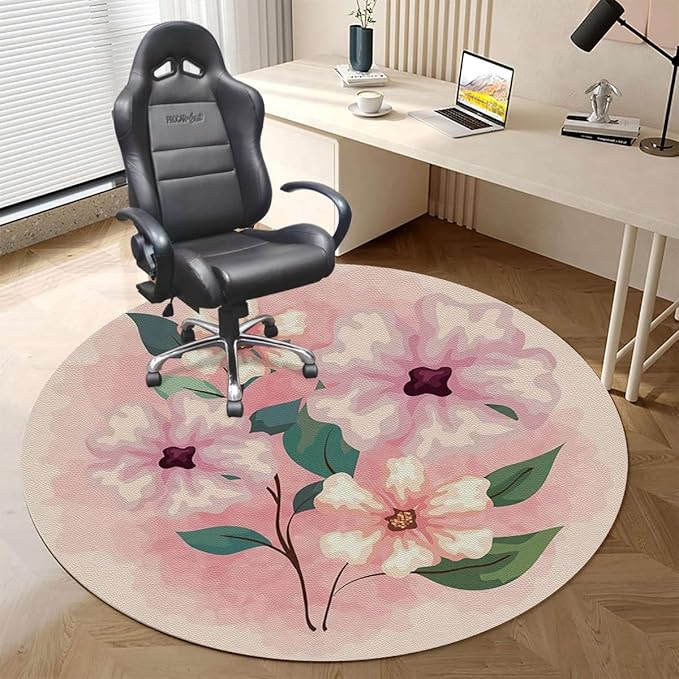 Pink Purple PU Leather Round Floor Mats for Office Chair Modern Romantic Floral Design Under Computer Desk Floor Protector for Rolling Chairs Non Slip Anti Scratches Abstract Diameter 55 in