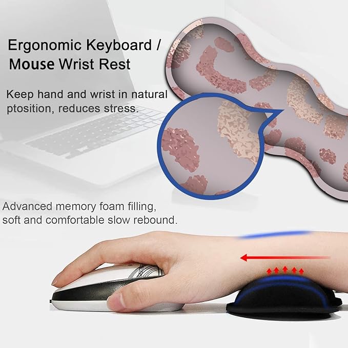 Large Mouse Pad Extended Gaming Mouse Pad 31.5x11.8 Ergonomic Memory Foam Keyboard Wrist Rest Supportfor Home Laptop Working Big Office Desk Pad with Non-Slip Base Rose Gold Leopard Pink Desk Mat