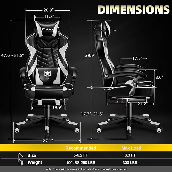 Vonesse Gaming Chair Big and Tall Gaming Chair with Footrest and Massage Gaming Chairs for Adults with Lumbar Support Ergonomic High Back Computer Chair with Pocket Spring Cushion (White/Black)