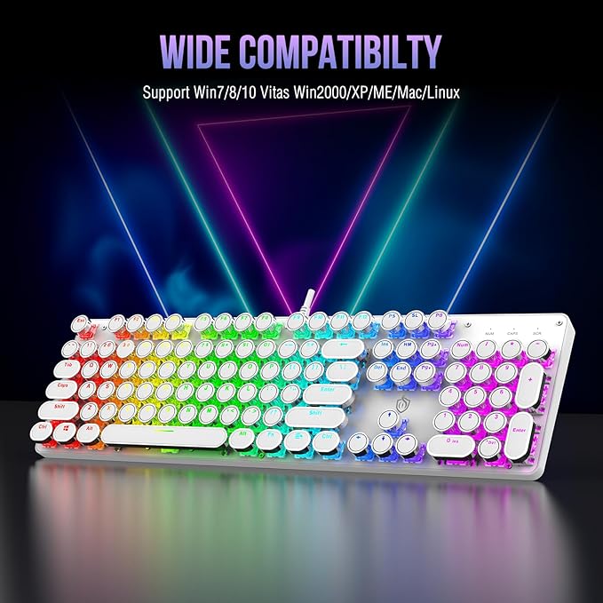 Typewriter Mechanical Gaming Keyboard with RGB Backlit Red Switches 104 Keys Retro Round Keycap Wired Typewriter Style Comfortable Typing Soud (White RGB)