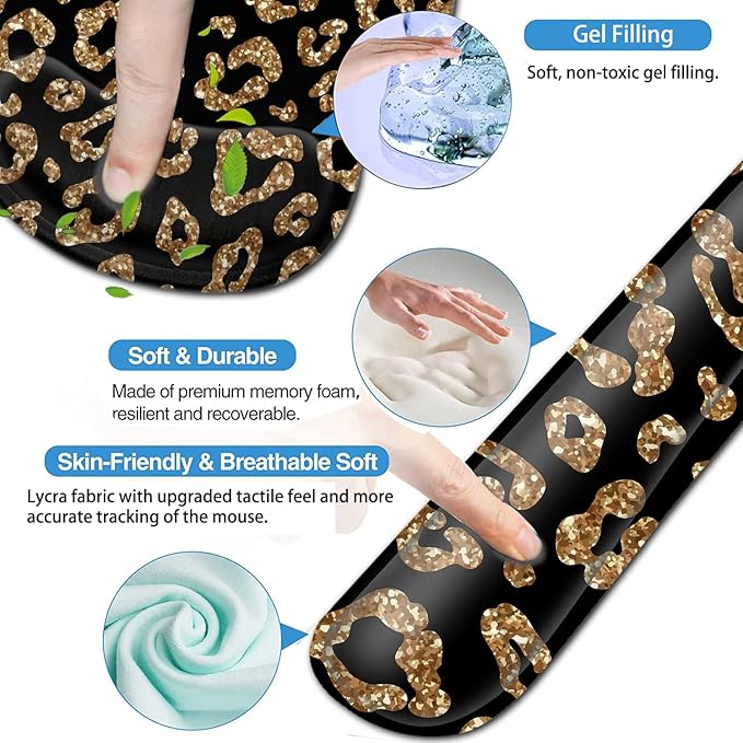 Ergonomic Mouse Pad Gel Wrist Support and Memory Foam Keyboard Wrist Rest Set for Gaming Computer Office Laptop Easy Typing Wireless Mouse Mat Gold Glitter Leopard Black Office Desk Pad