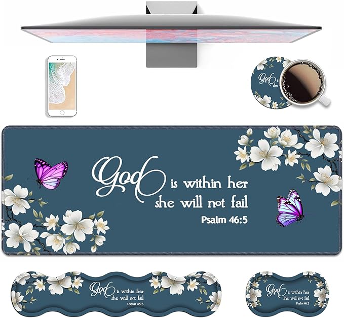 4 in 1 Ergonomic Keyboard Wrist Rest &amp Mouse Pad Wrist Rest SetLarge XXL Gaming Desk Mat 31.5x 11.8 with Non-Slip BaseMemory Foam for Home Office Study GamingFloral Quote Bible Verse Psalm 46