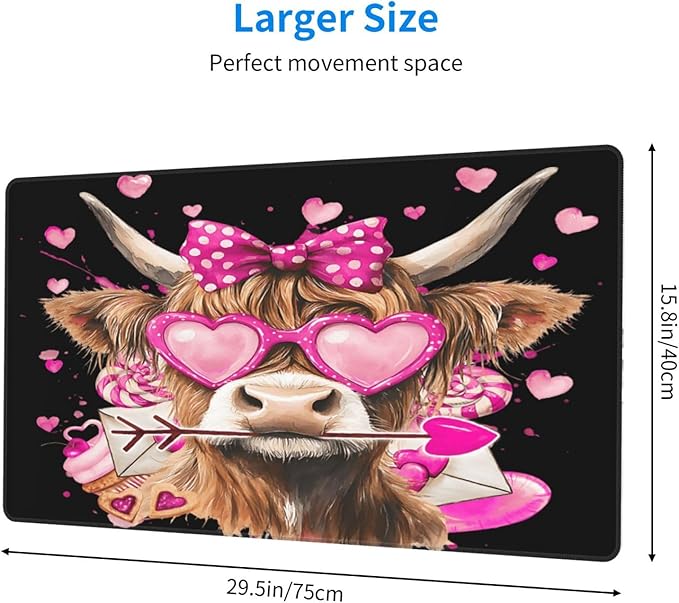 Cute Highland Cow with Bow Heart Glasses Mouse Pad Non Slip Large Desk Keyboard Mat Gaming Protection Pad 16X29.5 Inch