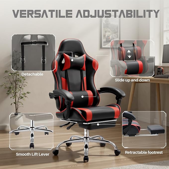 DUMOS Ergonomic Gaming Office Desk Chair with Footrest and Headrest for Adults PU Leather Video Computer Chair with Linkage Armrests Height Adjustable 360° Swivel Recling Chair Black Red