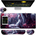 Large Mouse Pad + Keyboard Wrist Rest Set Extended Gaming Mousepad (31.5X11.8 inch) with Non-Slip Rubber Ergonomics Memory Foam Mouse Wrist Rest Support White Kitsune Cherry Blossoms Desk Pad