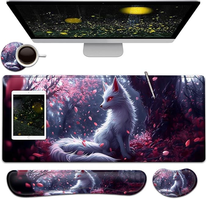 Large Mouse Pad + Keyboard Wrist Rest Set Extended Gaming Mousepad (31.5X11.8 inch) with Non-Slip Rubber Ergonomics Memory Foam Mouse Wrist Rest Support White Kitsune Cherry Blossoms Desk Pad