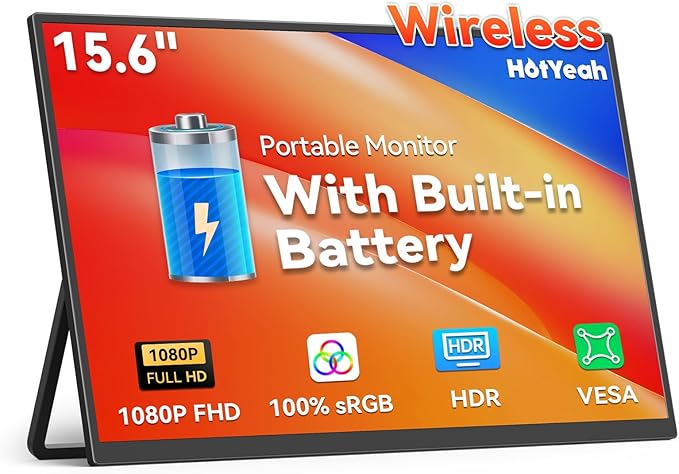 Wireless Portable Monitor Battery-Powered Support AirPlay Miracast 15.6 1080P IPS Monitor USB-C HDMI External Display 2nd Screen for Laptop MacBook PC Phone Tablet w/Built-in Battery(8000mAh)