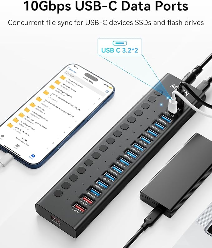 AGEEN 16-Port Powered USB 3.2 Hub-10Gbps SuperSpeed Data Splitter with 2 USB-C &amp 11 USB-A Ports 3 x 24W QC 3.0 Fast Charging Ports Individual On/Off Switches 96W Power Adapter for Laptop (16 Po