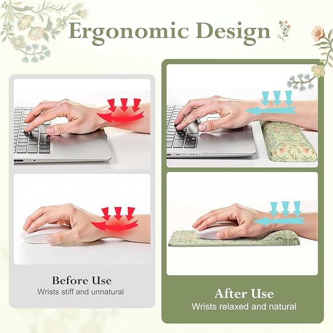 iLeadon Mouse Pad with Wrist Rest Non-Slip Desk Mat for Keyboard and Mouse Mouse Pad Sets for Women Desk Wrist Pads for Keyboard Floral Mat for Home Office (Light Green)