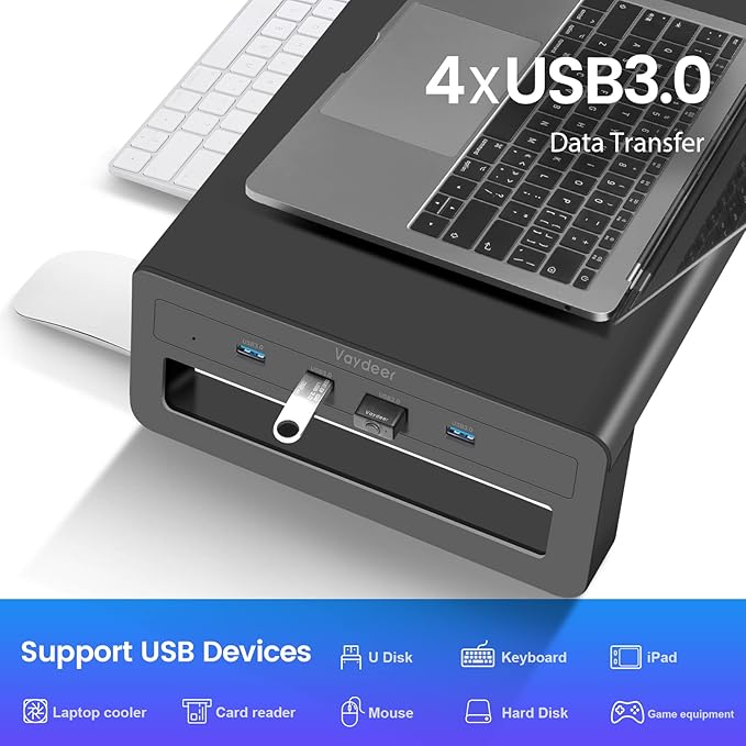 Vaydeer Dual Monitor Stand Computer Riser with USB 3.0 Hub Ports Double Metal Stand for 2 Computer TV PC Printer Multi Media Speaker Multifunctional Desktop Organizer