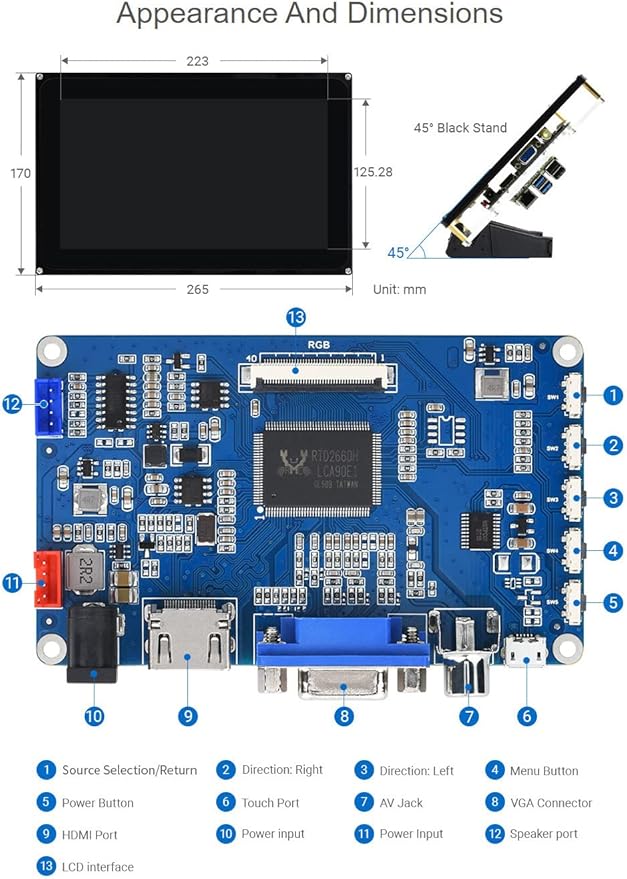 waveshare 10.1inch Capacitive Touch Screen LCD with Case Compatible with Raspberry Raspberry Pi 5/4B/3B/Zero/Zero W/Zero 2W/Pico/Pico W/Pico WH 1024×600 Resolution HDMI Supports Jetson Nano/Windows