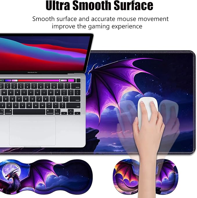 4 in 1 Ergonomic Memory Foam Mouse Pad Wrist Rest Set Large XXL Gaming Desk Pad + Keyboard Wrist Rest + Mouse Wrist Cushion + Coaster for Home Office Study Gaming Dragon