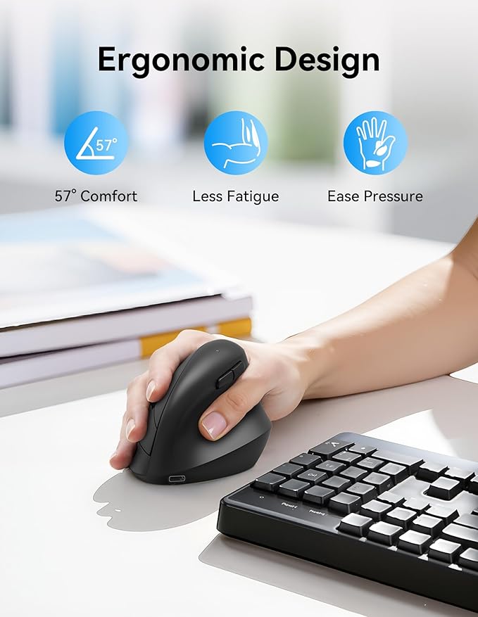 TECKNET Ergonomic Mouse Wireless Bluetooth Vertical Mouse (BT5.0/3.0 &amp 2.4G) Rechargeable 4800 DPI Optical Mouse with 6 Adjustable DPI Quiet Clicks USB A Receiver 6 Buttons - Wide Compatibilit