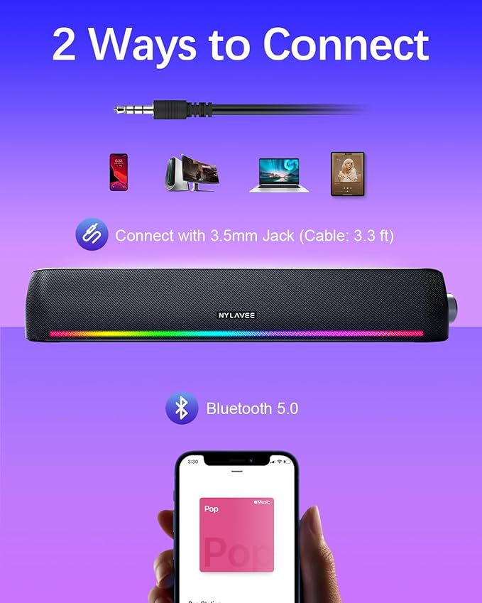 Computer Speakers Hi-Fi Sound Quality Computer Sound Bar Bluetooth 5.0 &amp 3.5mm Wired PC Speakers with 4 Dynamic Lighting Modes USB Powered Speakers for PC Desktop Laptops Phones Monitors X
