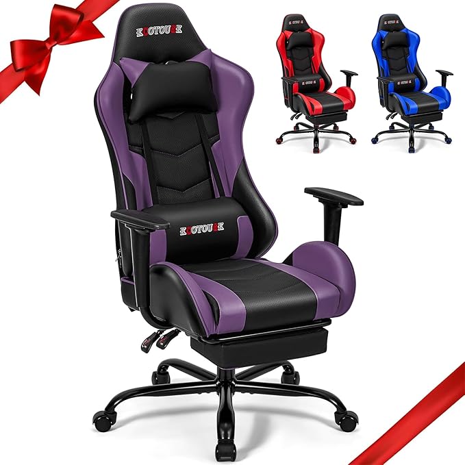 Massage Gaming Chair w/Footrest Video Racing Chair PC High Back Desk Computer Chair PU Leather Recliner w/Headrest and Lumbar Pillow Purple