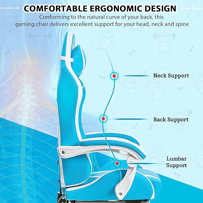 RGB Gaming Chair with LED Lights Ergonomic Massage Computer Chair with Footrest Reclining Video Game Chair with Adjustable Lumbar Support High Back Game Chairs for Adults Light Blue and White