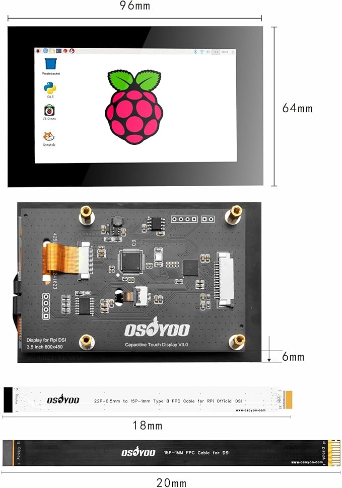 OSOYOO 3.5 Inch DSI Touchscreen for Raspberry Pi 5 4 3 2 CM3 CM4 - IPS capacitive Touch Display 800x480 ResolutionPlug and Play Compatible with Raspberry Pi OS Ubuntu