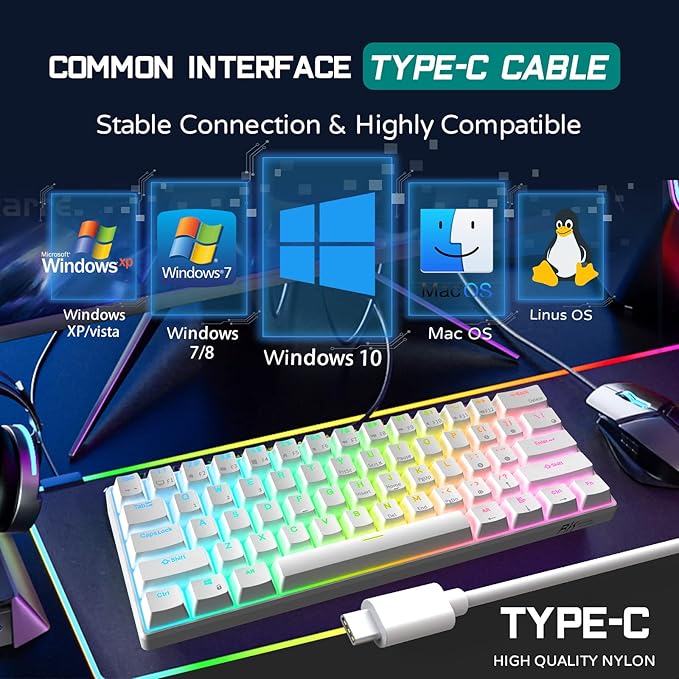 RK ROYAL KLUDGE RK61 60% Gaming Keyboard Wired RGB Mechanical Keyboard with No-Conflict 61 Keys Hot Swappable PC Game Keyboards for Windows Mac Quiet Red Switch-White