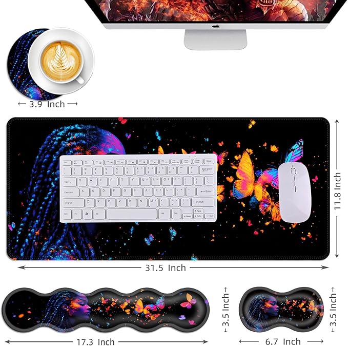 Mouse PadLarge Desk Mat Set 4in1 XL Mousepad + Keyboard Wrist Rest+Mouse Wrist Rest+Coaster with Ergonomic Desk Pad for Home Office Table Computer Cover -Neon Woman with Butterflies