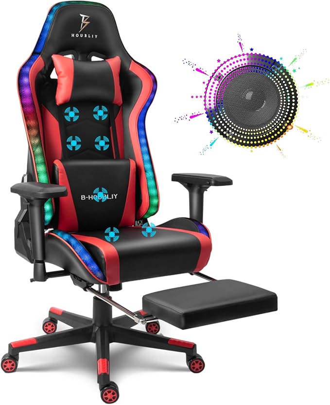 Gaming Chair with RGB Lights and Speakers Massage Office Chair Ergonomic Racing Computer Chair PU Leather Swivel Recliner Chair with Lumbar Support Headrest 4D Armrest and FootrestRed