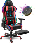 Gaming Chair with RGB Lights and Speakers Massage Office Chair Ergonomic Racing Computer Chair PU Leather Swivel Recliner Chair with Lumbar Support Headrest 4D Armrest and FootrestRed