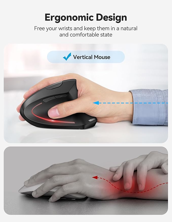 TECKNET Ergonomic Mouse Rechargeable Bluetooth - 4800 DPI Vertical Mice 6 Adjustable Levels Wireless Optical Carpal Tunnel Mouse Right Hand Multi Device for Laptop PC Computer MacBook - Black
