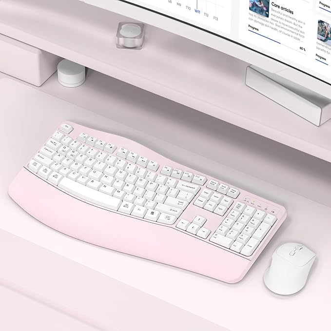 Ergonomic Wireless Keyboard and Mouse Combo Wave Keys Keyboard with Wrist Rest for Natural Typing 3 DPI Adjustable Ergonomic Silent Mouse for Computer/Laptop/Windows/Mac (Pink)