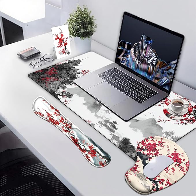 AQQA Japanese Desk Mat Set Large Gaming Mouse Pad with Wrist Rest Ergonomic Mouse Pad Keyboard Mat Wrist SupportPhone HolderCup CoasterHome Office Desk Accessories Decor Supplies Cherry Blossom