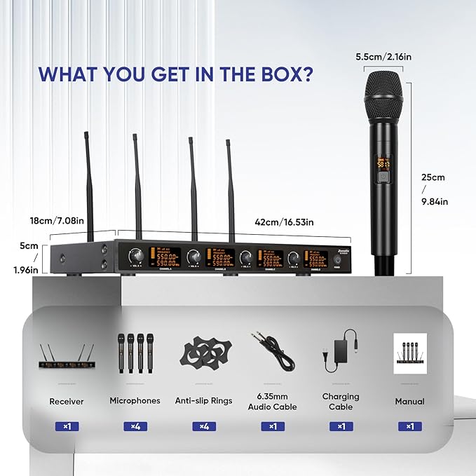 Wireless Microphone System 4 Channels UHF Metal Cordless Handheld Wireless Mics Set - Adjustable Frequencies Auto Scan 165ft Range for Karaoke Singing Meeting Church Wedding (BLM404)