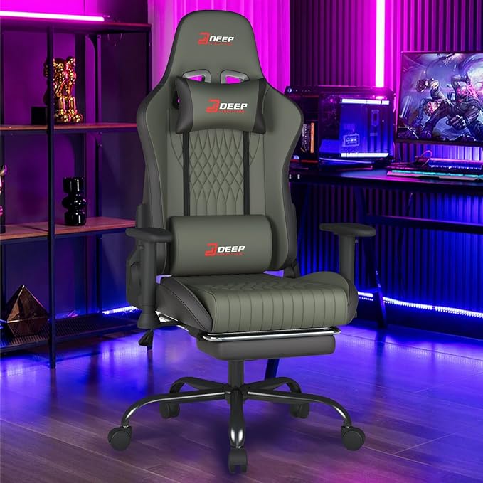 Video Game Chair with Footrest Ergonomic Comfortable Gaming Office Chair Height-Adjustable with a 360° Swivel Base and Headrest(1002-Grey)