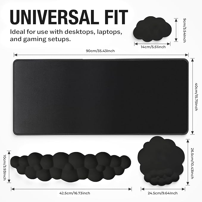 Premium Quality Cloud Wrist Rest Keyboard &amp Mouse Pad Set – Ergonomic Memory Foam Desk Accessories with Wrist Support for Office &amp Gaming – Black Fabric