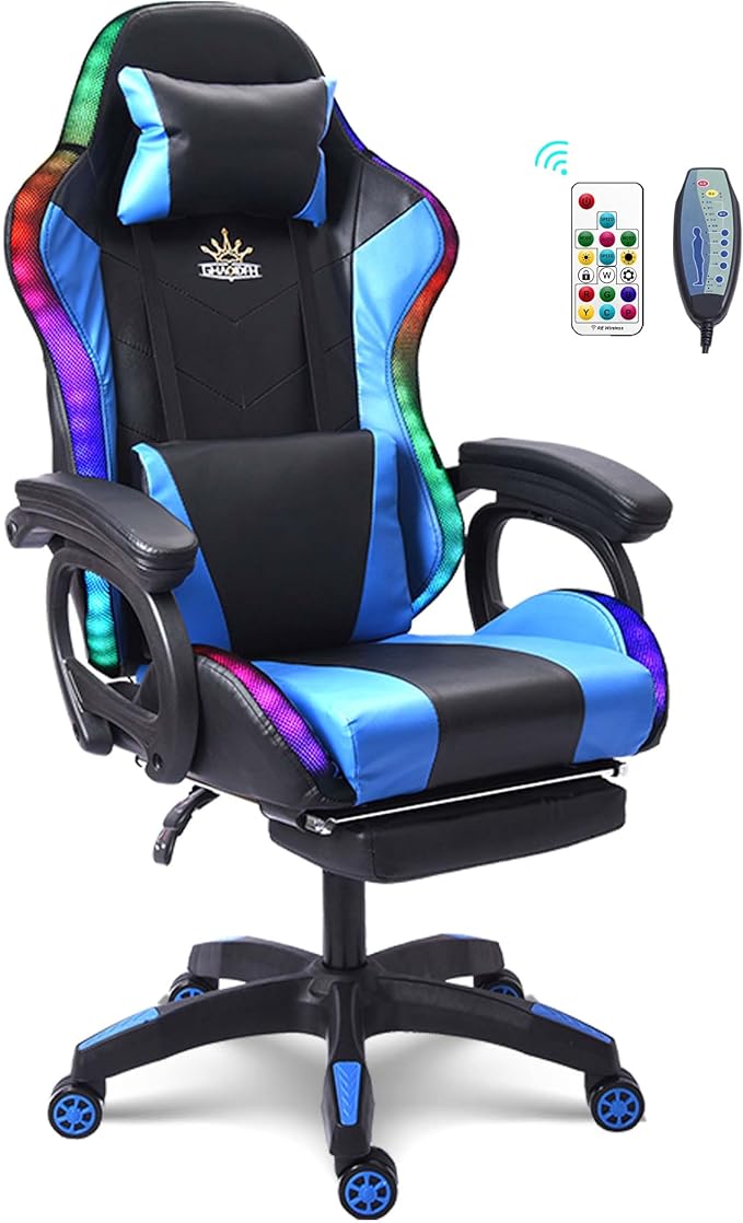 Ergonomic Massage Gaming Chair Office Chair with Lumbar Support and Footrest Video Gaming Chair with RGB Lights and Speakers Adjustable Linkage Armrests and Backrest PC Chair.Blue