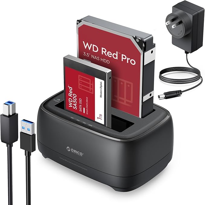 ORICO Hard Drive Docking Station Dual Bay USB 3.0 to SATA with Duplicator/Offline Clone Function External Hard Drive Dock for 2.5''/3.5'' HDD SSD Max Up to 44TB Support UASP Plug&ampPlay-DD-C