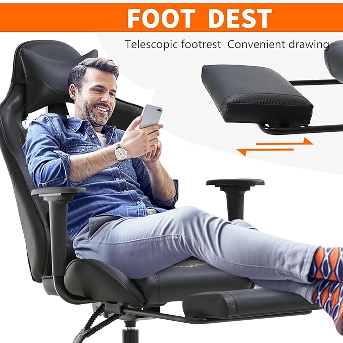 PC Gaming Chair with Footrest Ergonomic Home Office Chair with Lumbar Support &amp Headrest Pillow Height Adjustable Swivel Recliner Racing Computer Video Game Chairs Black