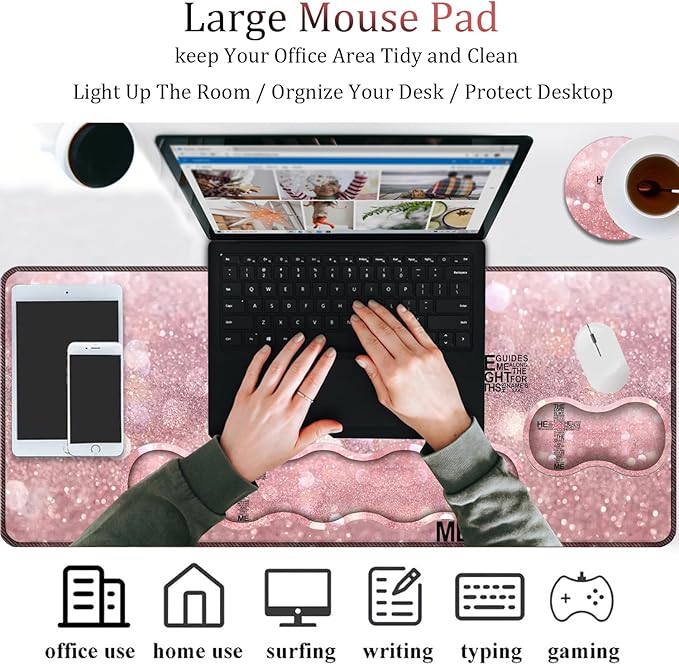 4 in 1 Mouse Pad Combo Large Gaming Mouse Pad + Keyboard Support + Mouse Rest + Coaster Table Pad with Stitched Edge Memory Foam Ergonomic Wrist Pad Set God Jesus Christian Cross