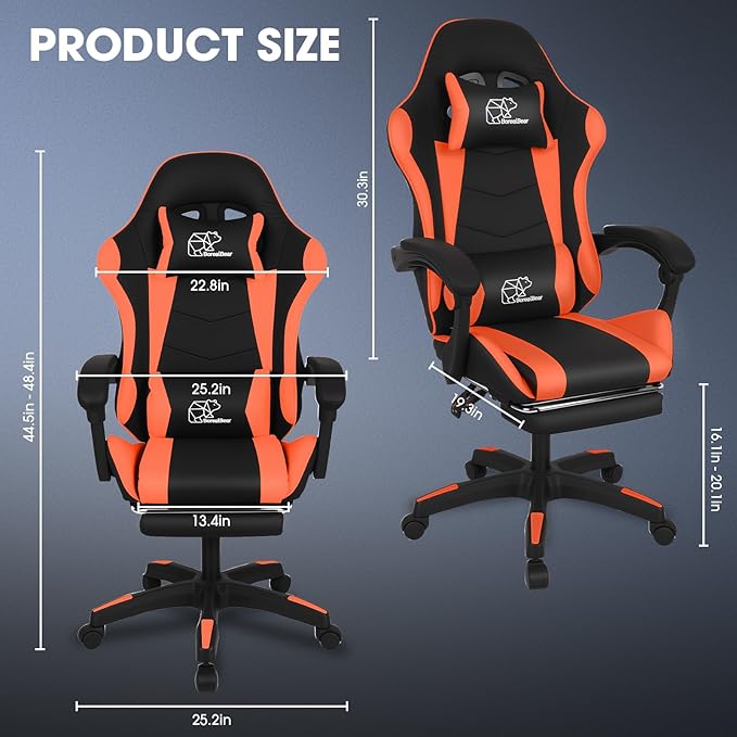 Gaming Chair Office Chair Reclining High-Back PU Leather Computer Desk Chair with Headrest and Lumbar Support suitable for gaming chairs office storage office shelving and more（Orange）
