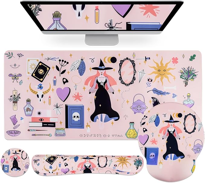 Petmolico Mouse Pad Set with Computer Keyboard Desk PadMouse Pad with Wrist RestTyping Wrist Pad and Cup CoastersErgonomic Design for Typing Pain Relief [PinkHalloween]