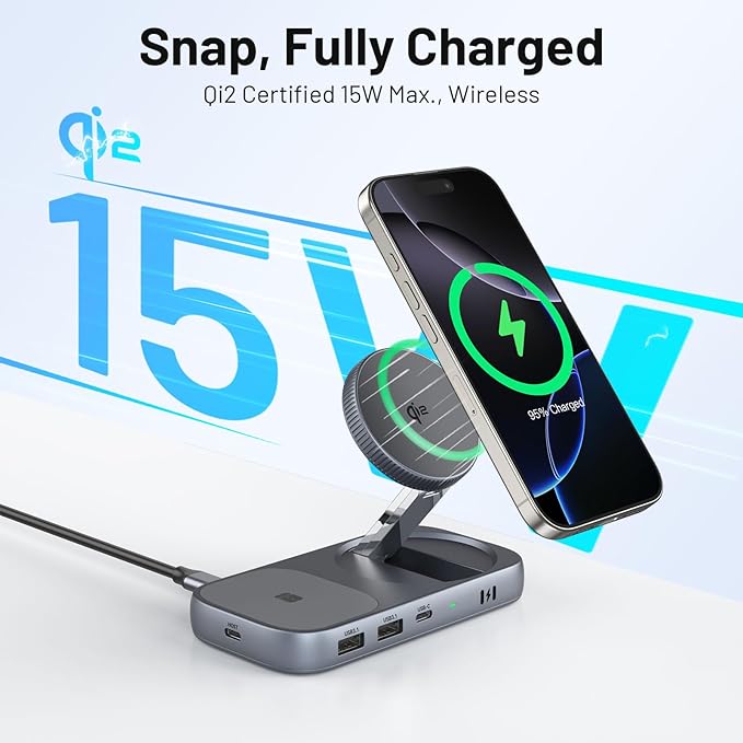 Selore USB C Hub with Wireless Charging for MacBook: 4K@60Hz HDMI 100W PD 15W Qi2 + 5W Wireless 10Gbps Ports iPhone Mirroring Docking Station &amp Magsafe Stand Space-Saving Desk Organizer