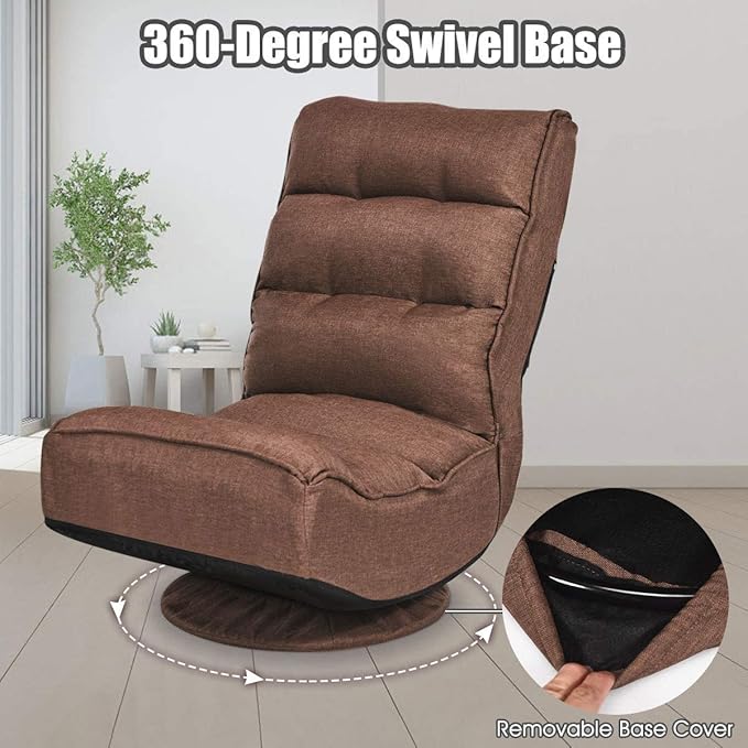 LDAILY Floor Gaming Chairs 360 Degree Swivel Recliner with 5 Adjustable Positions Comfortable Padded Lazy Sofa Foldable Gaming Chair for TV Watching Reading (Coffee)