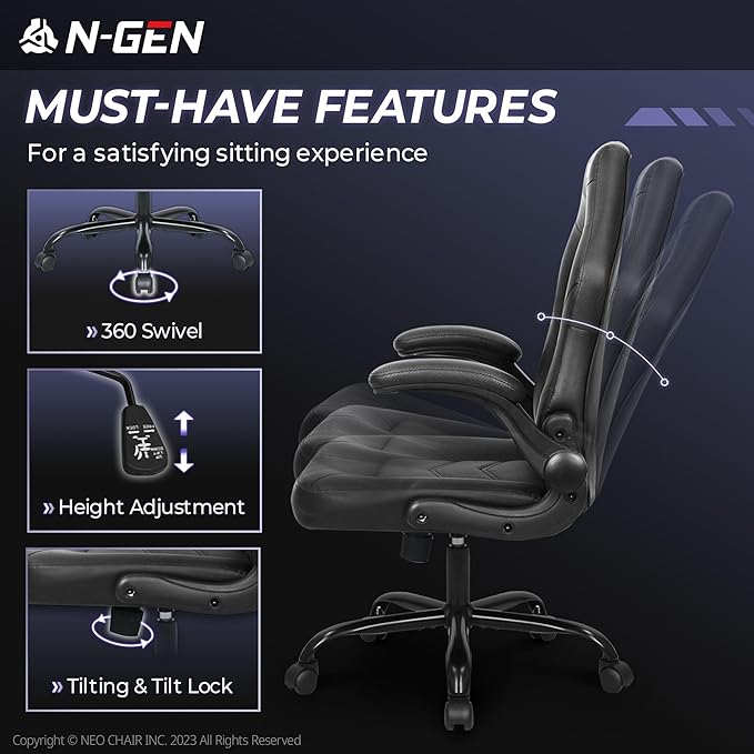 N-GEN Video Gaming Computer Chair Ergonomic Desk Office Chair for Adults with Lumbar Support Flip-Up Arms Adjustable Height Swivel Wheels PU Leather Executive Design for Home and Office (Jet Black)