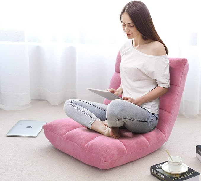 Floor Chair Lounger Folding Gaming Sofa Chaise Lounge with 14 Adjustable PositionSteel FrameSponge Padded Sleeper Bed Couch Recliner(Pink)