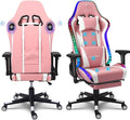 Gaming Chair with Footrest Computer Chairs for Adults PU Gamer Chair with Speakers and RGB Lights Full Massage Desk Chair Swivel Office Chair with Headrest 4D Armrest and Lumbar SupportPink