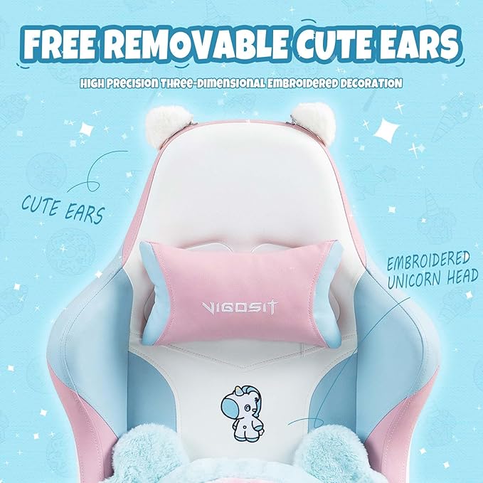 【Gaming Chair with Paw Cushion】 Kawaii PC Gamer Chair for Girls Teens Adjustable Height &amp 90-155° Recline 360° Swivel with Retractable Footrest (BluePink)