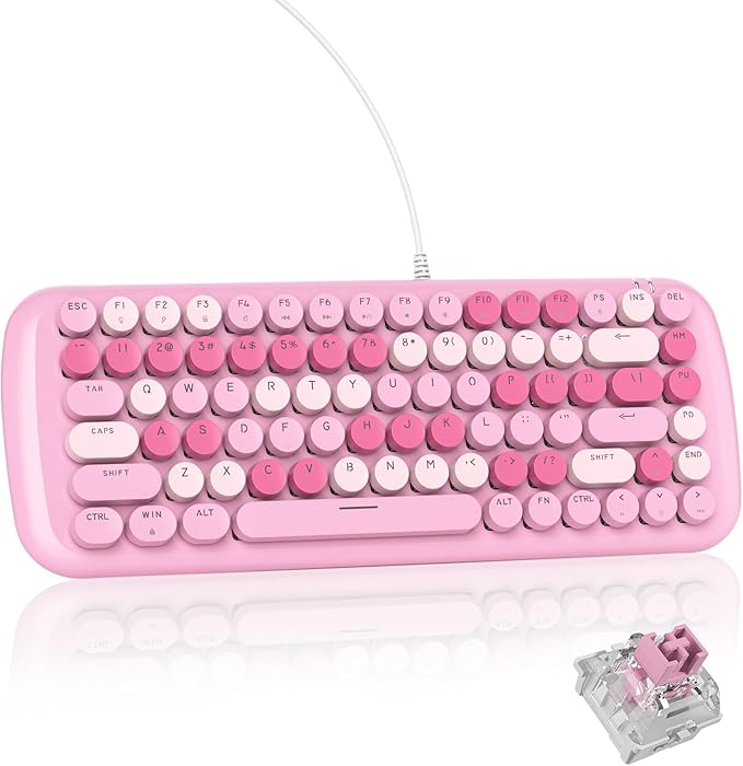 Pink Creamy Mechanical Gaming Keyboard Aesthetic w/White Backlit 84 Keys Cute Retro Typewriter Computer Keyboard Wired Round Keycaps for Windows/PC/PS5