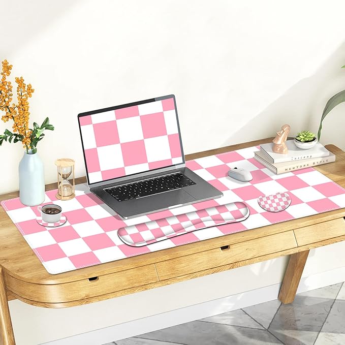 Pastel Pink White Checker Mouse Pad Set 4 in1 Ergonomics Keyboard Desk Mat with Memory Foam Wrist Rest Extended Game Mousepad Non-Slip Large Gaming Desk Pad Matt Easy Typing Pain Relief