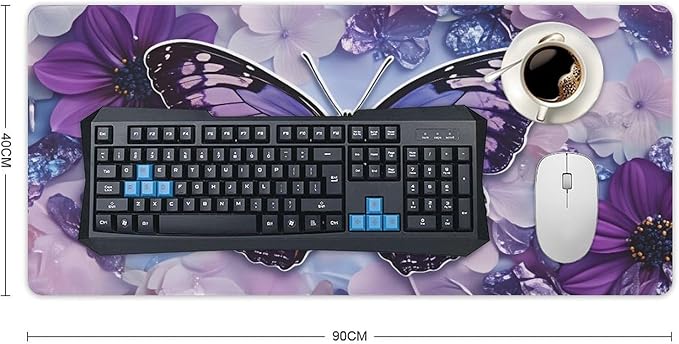 Purple Butterfly Floral Mouse Pad Large Desk Mat Extended Keyboard Mouse Pad with Non-Slip Base and Stitched Edge Mouse Mat Desk Pad 36x16 Mouse Pads for Desk Home Office Gaming