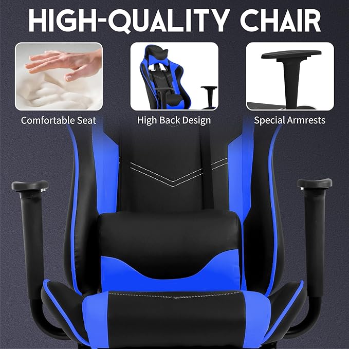 BLKMTY Massage Gaming Chair with Footrest Ergonomic Office Chair Racing Computer Chairs PU Leather with High Back Lumbar Support Headrest Reclining Chairs Blue