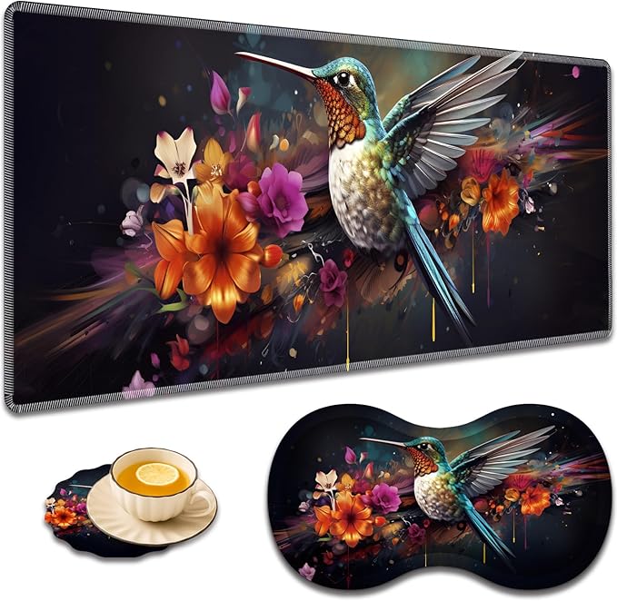 Large Game Mouse Pad + Wrist Support Pad + Coffee Coaster Desk Pad with Sewn Edges Anti-Slip Set pad Suitable for Office Work and Home - Colorful Hummingbird with Flower